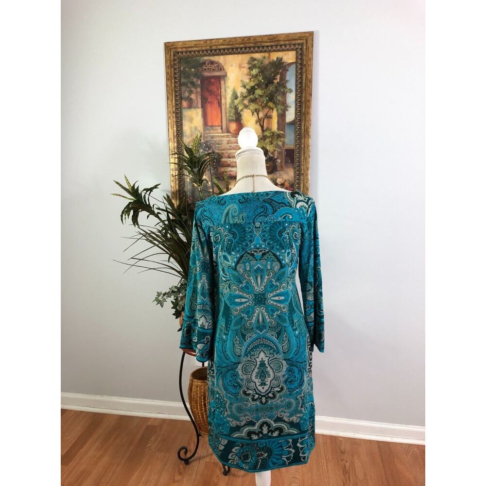 Allison Brittney Shift Dress Womens Medium Blue Paisley Square Neck Stretch - Picture 3 of 8